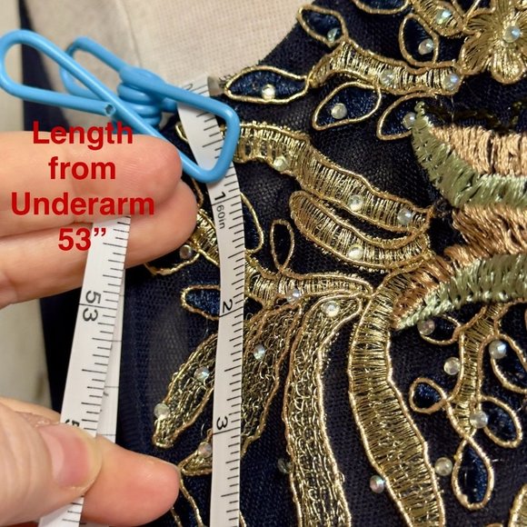 Blondie Nites Navy Gold Embroidered V-Neck V-Back Formal Dress Ball Gown Size 9 - Picture 8 of 16